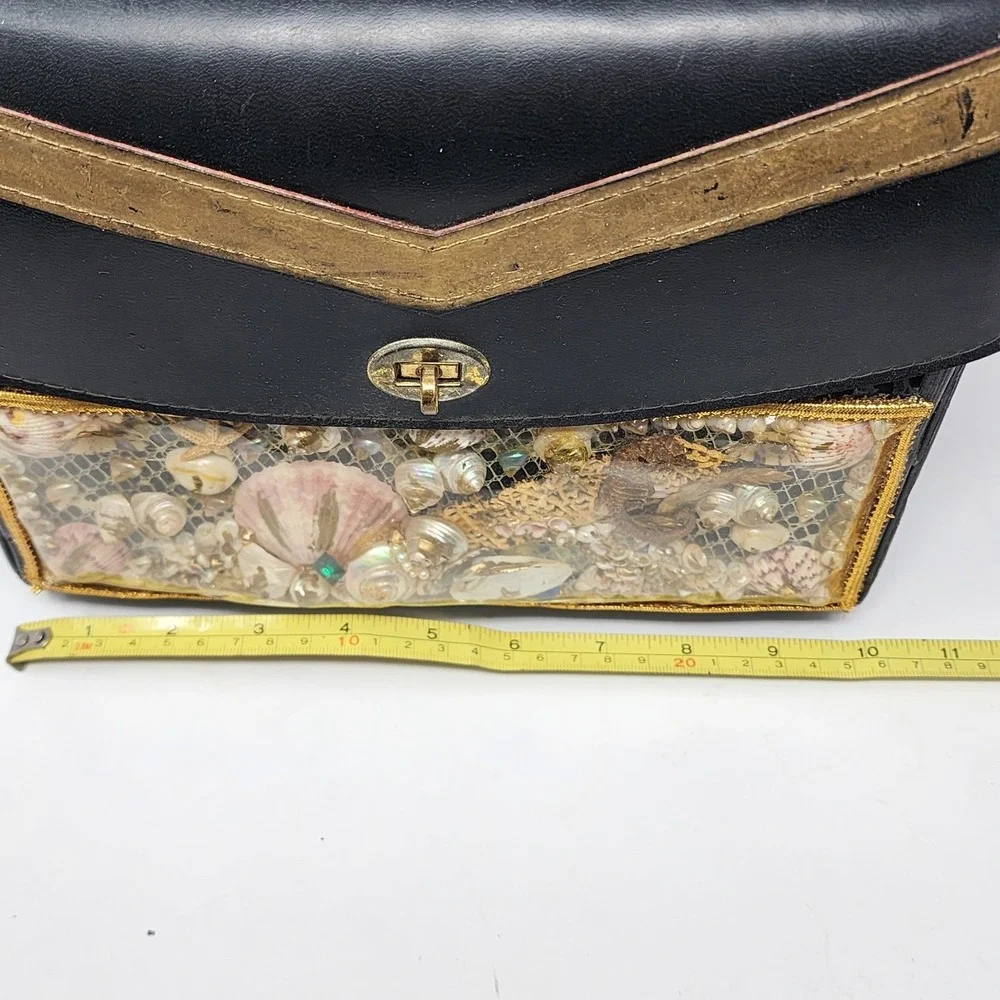 VTG Black Wood Wicker Under the Sea Fish Scene Windowpane Purse Novelty Handbag‎
